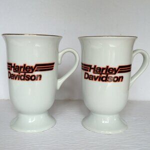 Harley Davidson Footed Coffee Mug Lot of 2 White Lettering Banawe Canada 8 oz
